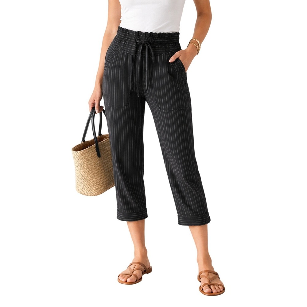 Isabel Marant Black Pinstripe Cropped Pants Drawstring Elastic‎ Waist Trousers